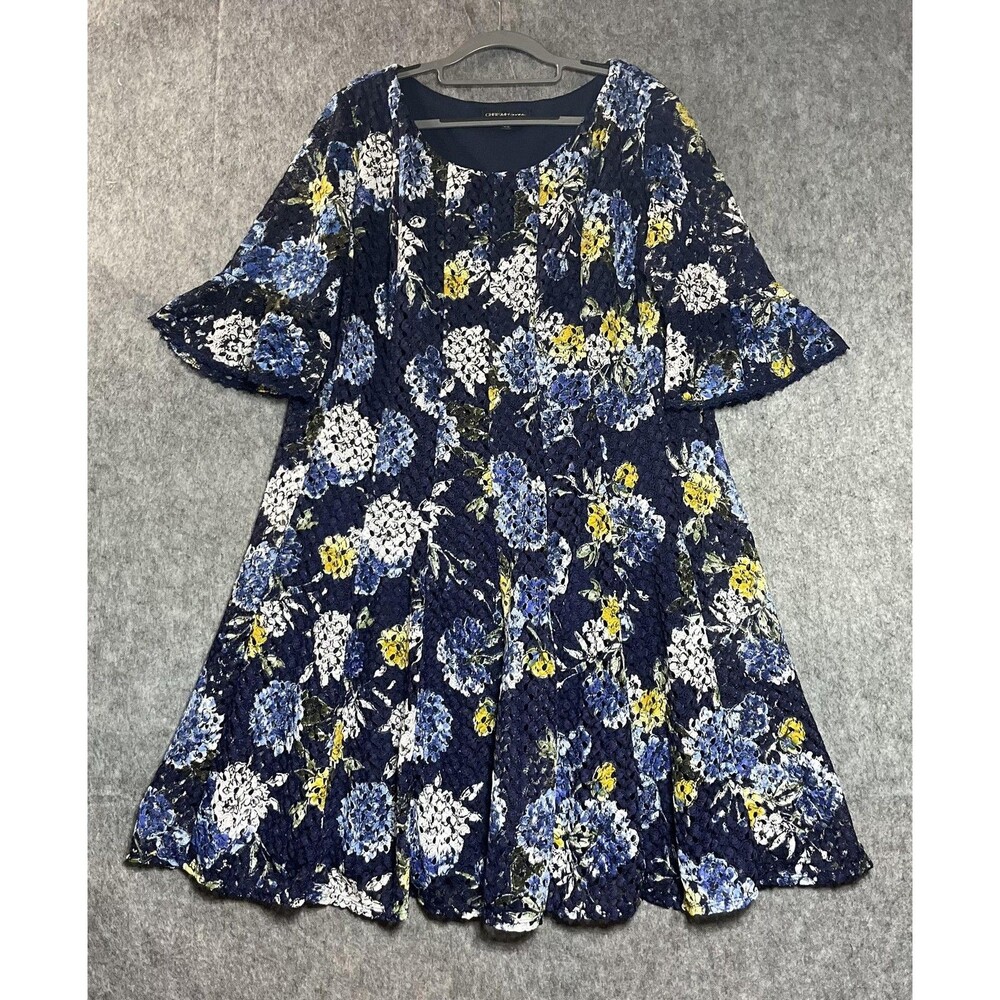 Chris McLaughlin Dress Womens 16W Blue Floral Lace Bell Sleeve Swing Knee Length